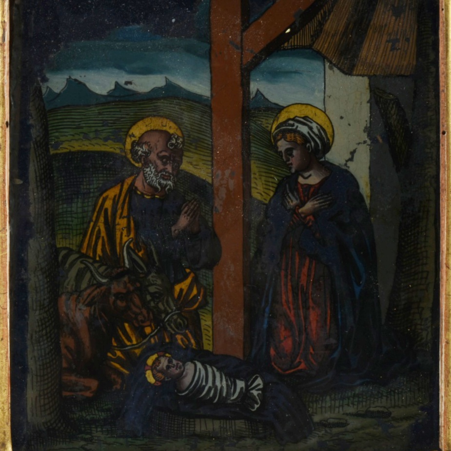 19th-Century Reverse Painted Glass Nativity Scene