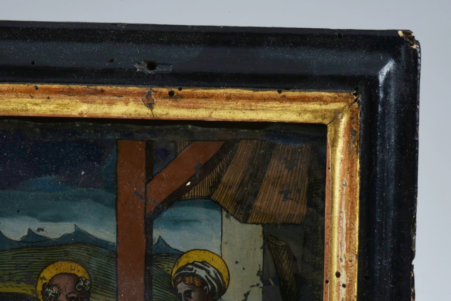 19th-Century Reverse Painted Glass Nativity Scene