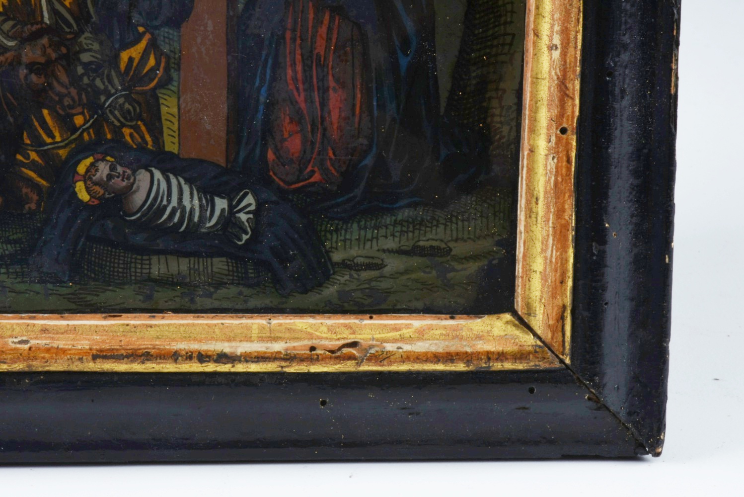 19th-Century Reverse Painted Glass Nativity Scene