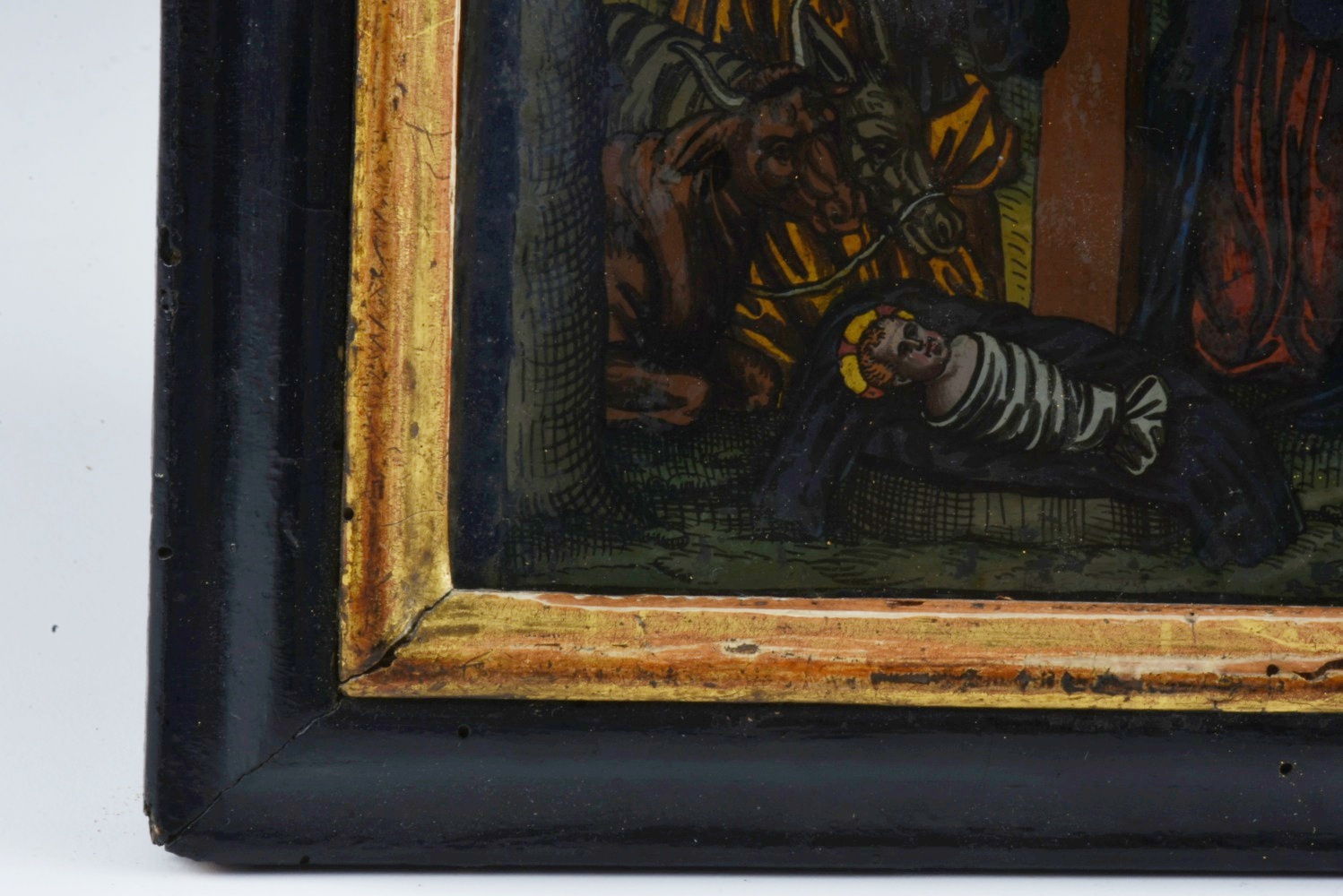 19th-Century Reverse Painted Glass Nativity Scene