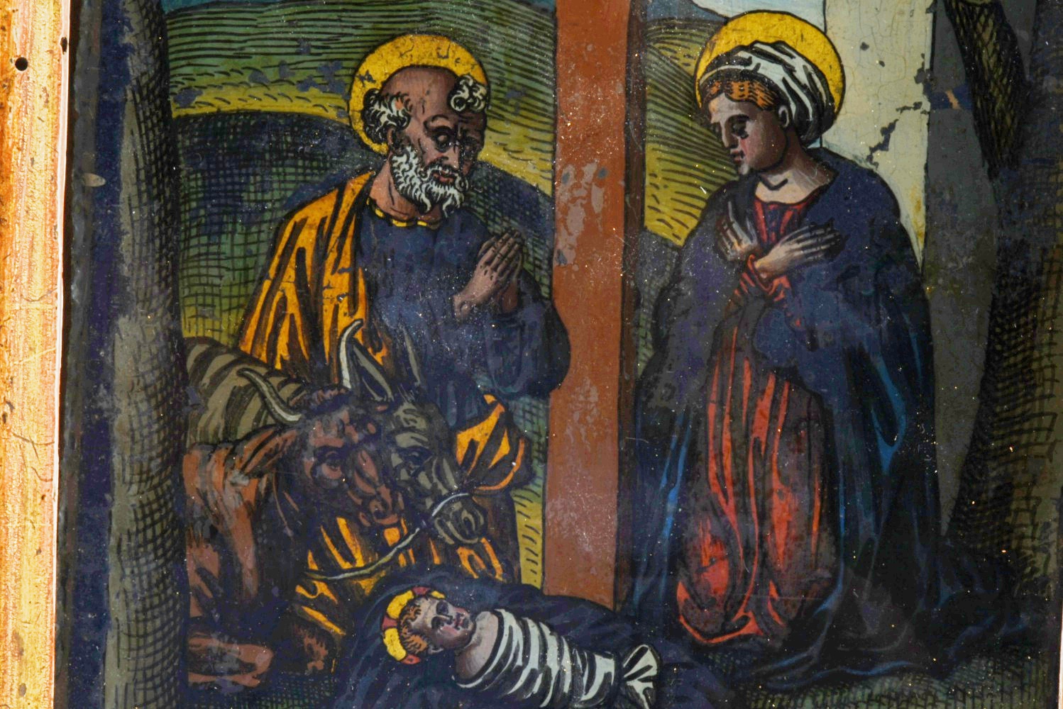 19th-Century Reverse Painted Glass Nativity Scene