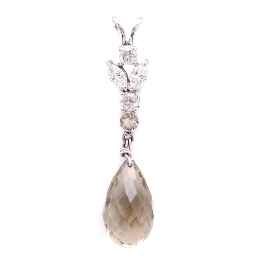 14K White Gold Smoky Quartz, White Quartz, and Diamond Pendant