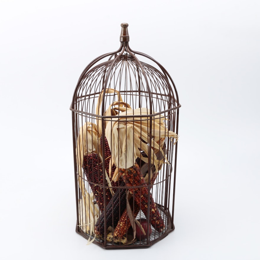 Metal Birdcage With Dried Corn Cob Arrangement