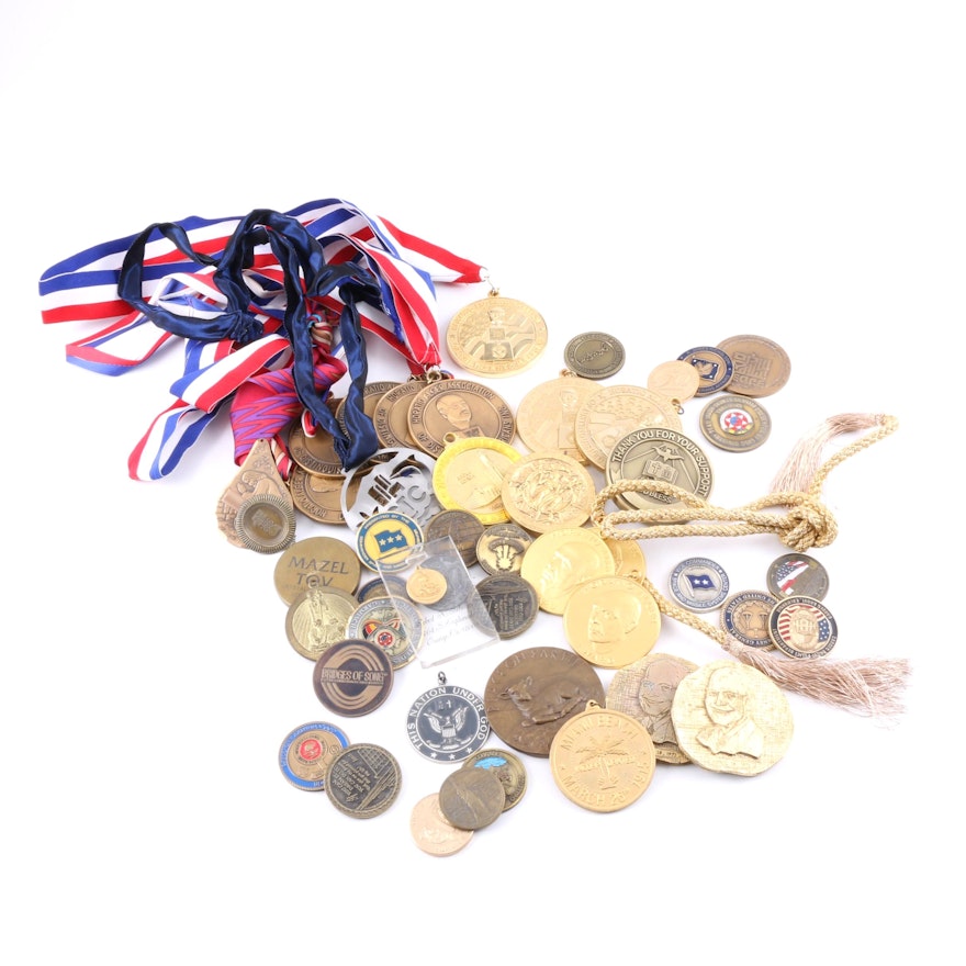 Large Assortment of Bronze and Brass Ceremonial Medals and Medallions