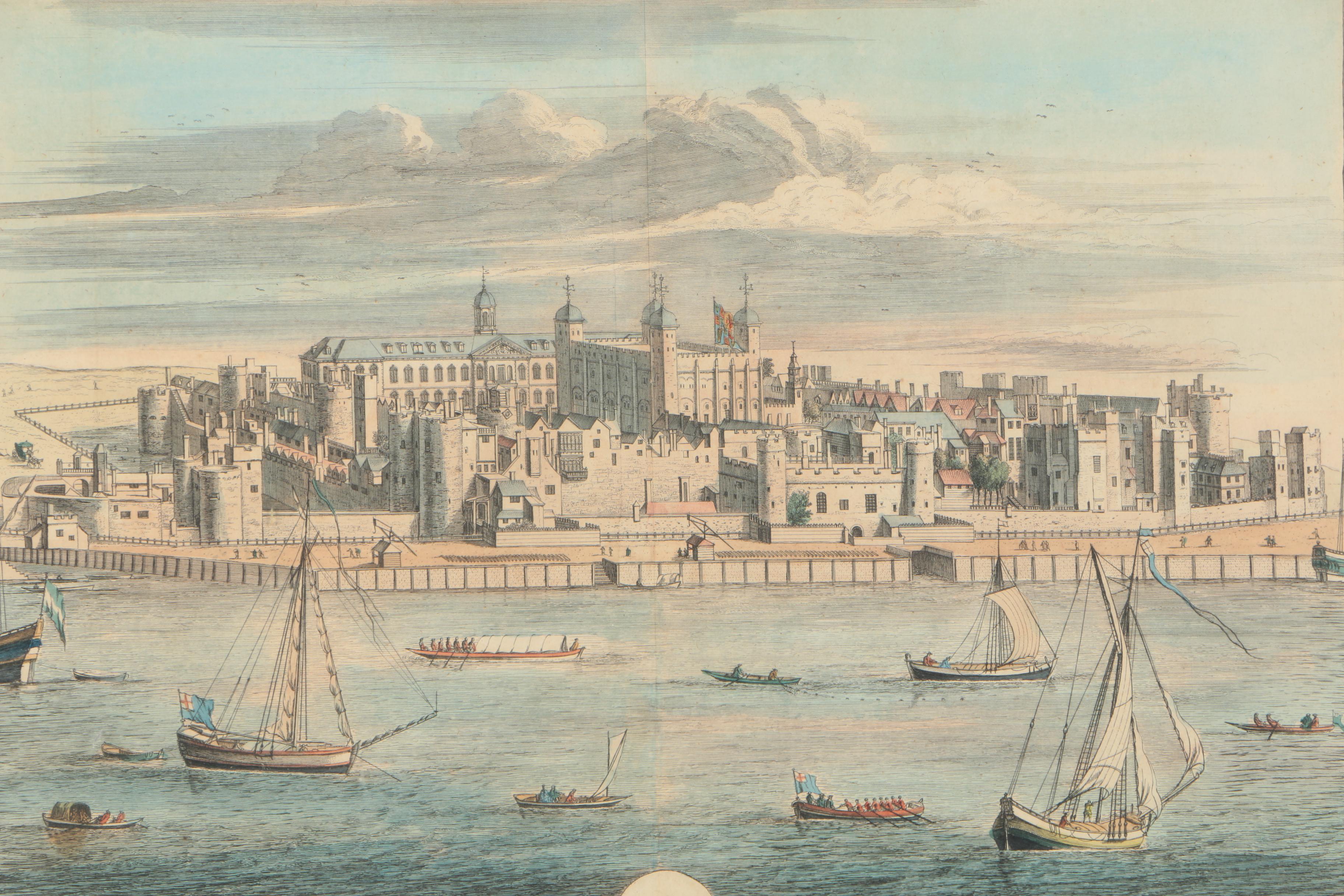 Jan Kip Antique Hand Colored Engraving After Leonard Knijff's "The Tower of London" From "Britannia Illustrata"