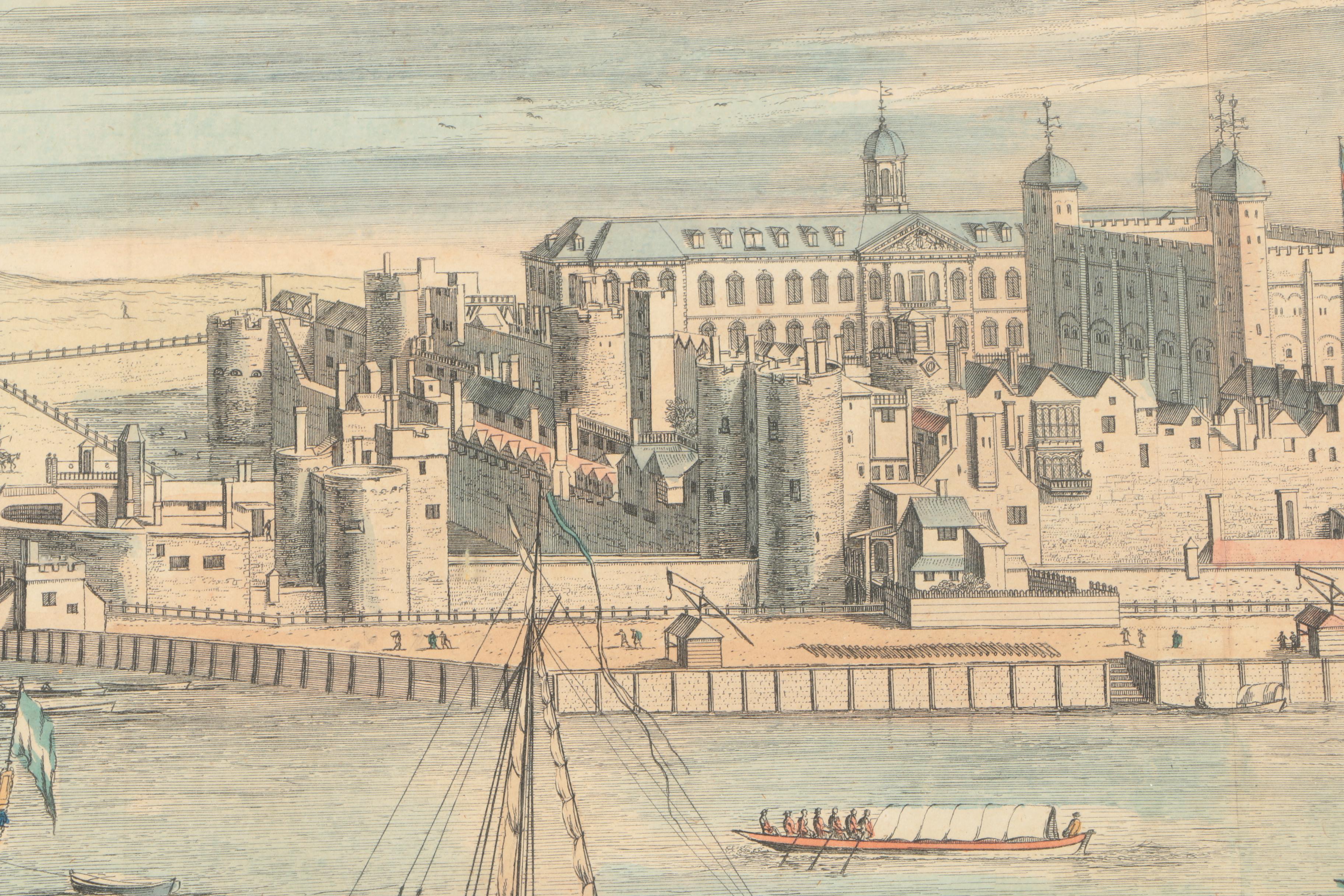 Jan Kip Antique Hand Colored Engraving After Leonard Knijff's "The Tower of London" From "Britannia Illustrata"