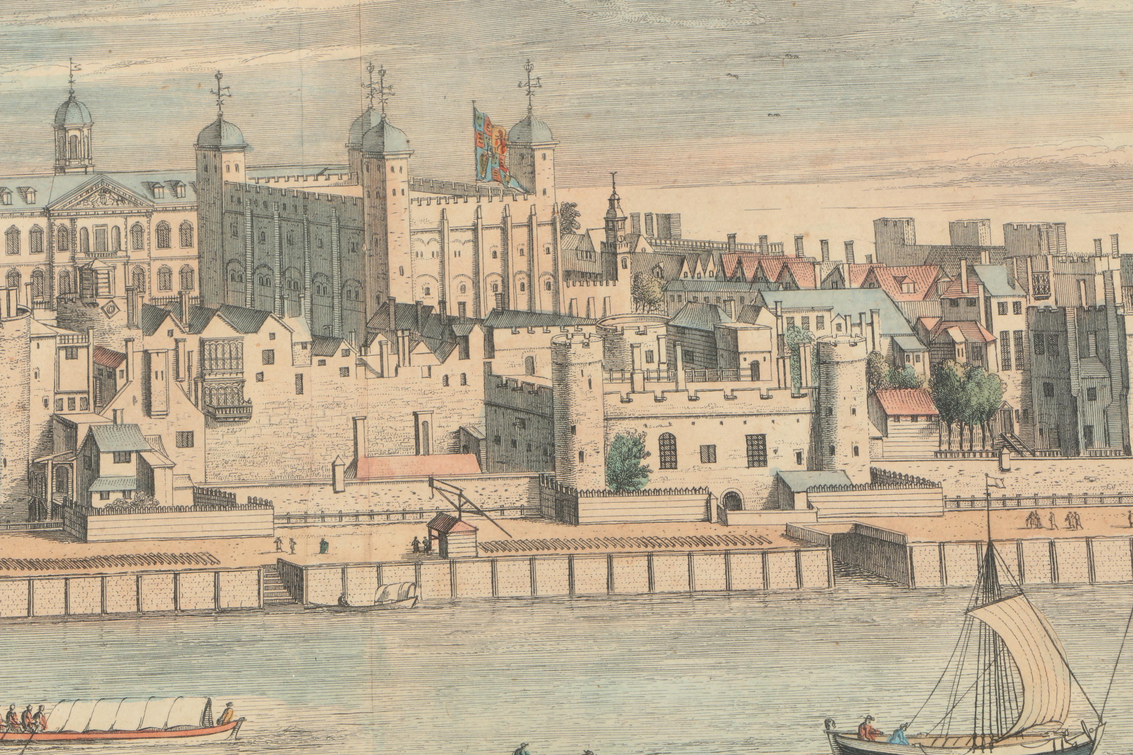 Jan Kip Antique Hand Colored Engraving After Leonard Knijff's "The Tower of London" From "Britannia Illustrata"