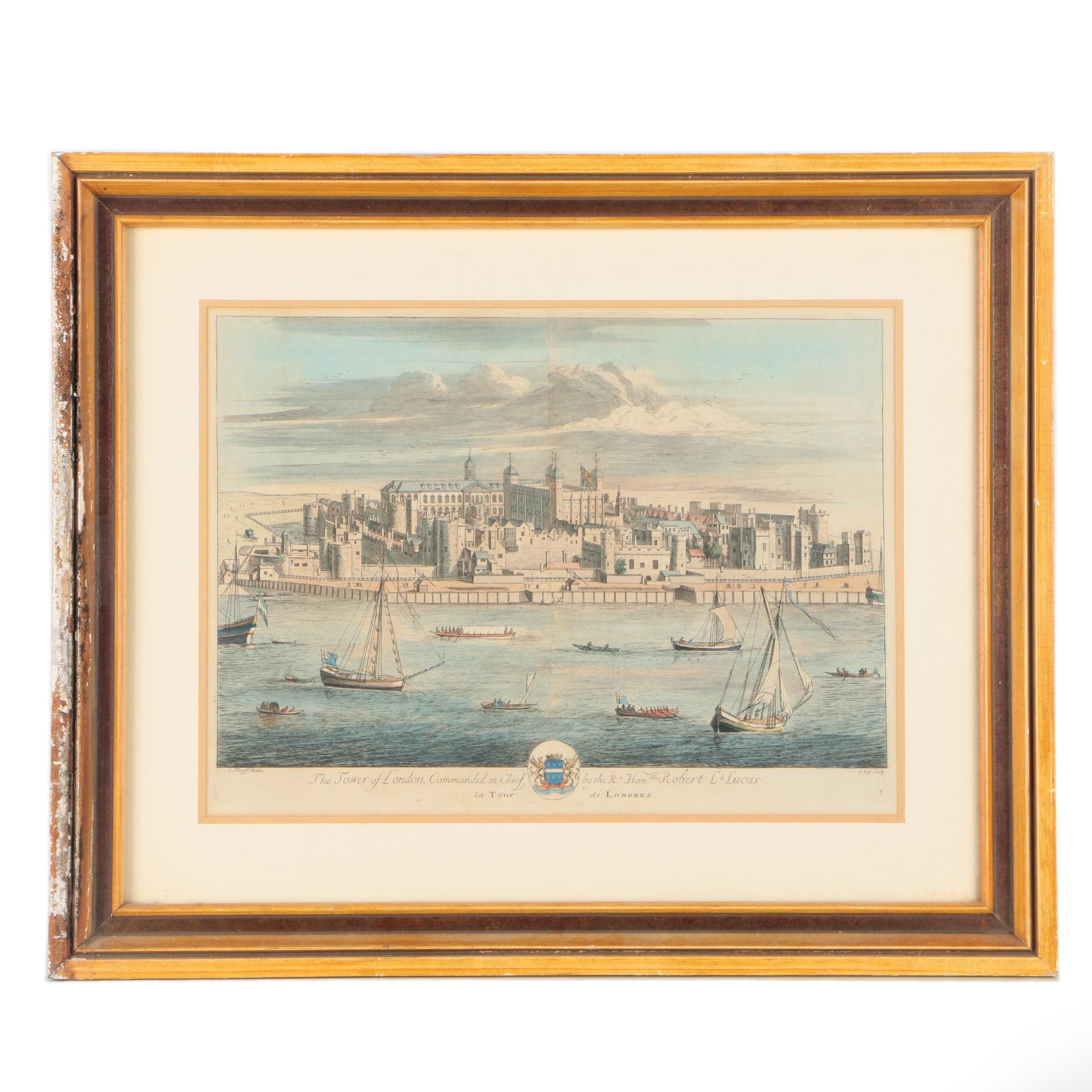 Jan Kip Antique Hand Colored Engraving After Leonard Knijff's "The Tower of London" From "Britannia Illustrata"