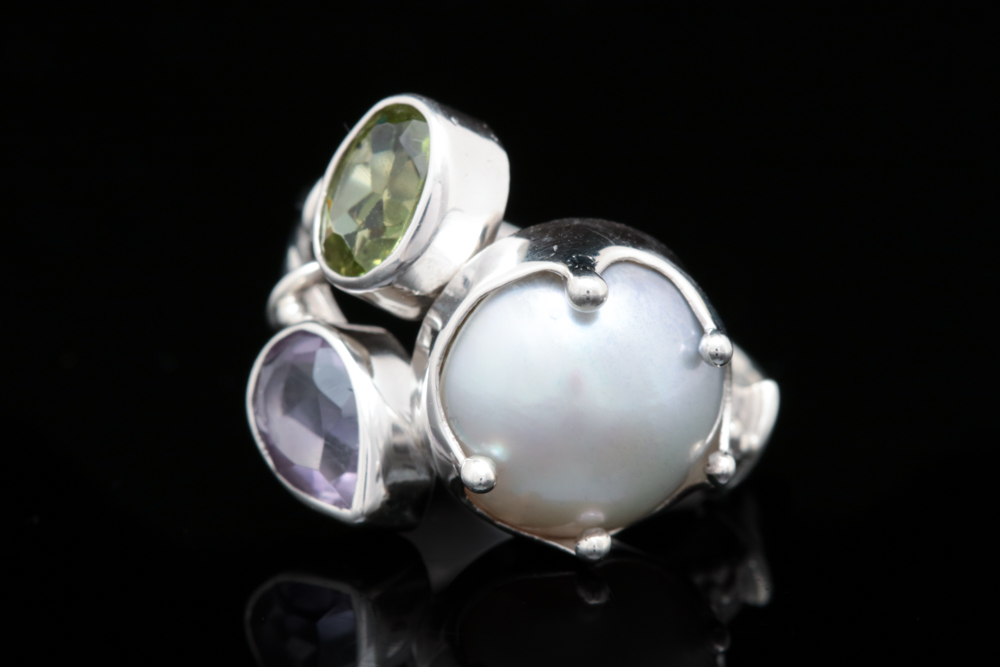 Sterling Silver, Amethyst, Peridot and Mabe Pearl Bypass Ring