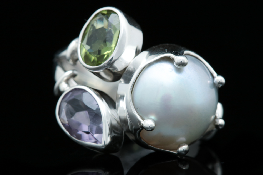Sterling Silver, Amethyst, Peridot and Mabe Pearl Bypass Ring