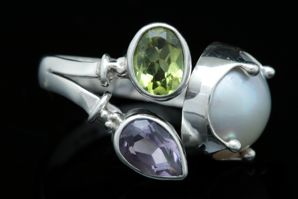 Sterling Silver, Amethyst, Peridot and Mabe Pearl Bypass Ring