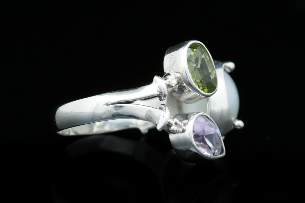 Sterling Silver, Amethyst, Peridot and Mabe Pearl Bypass Ring