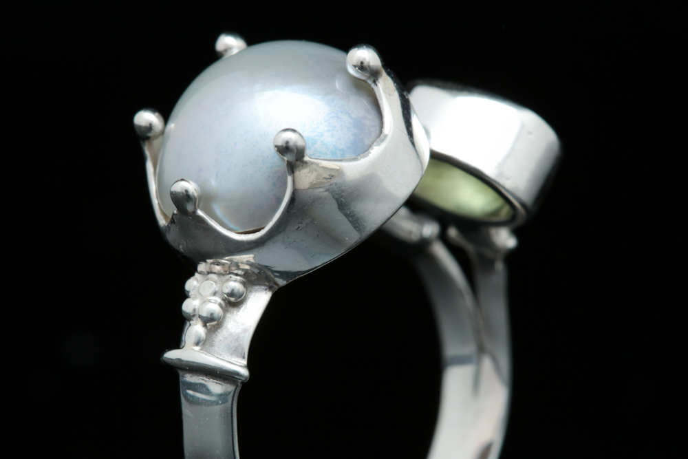 Sterling Silver, Amethyst, Peridot and Mabe Pearl Bypass Ring
