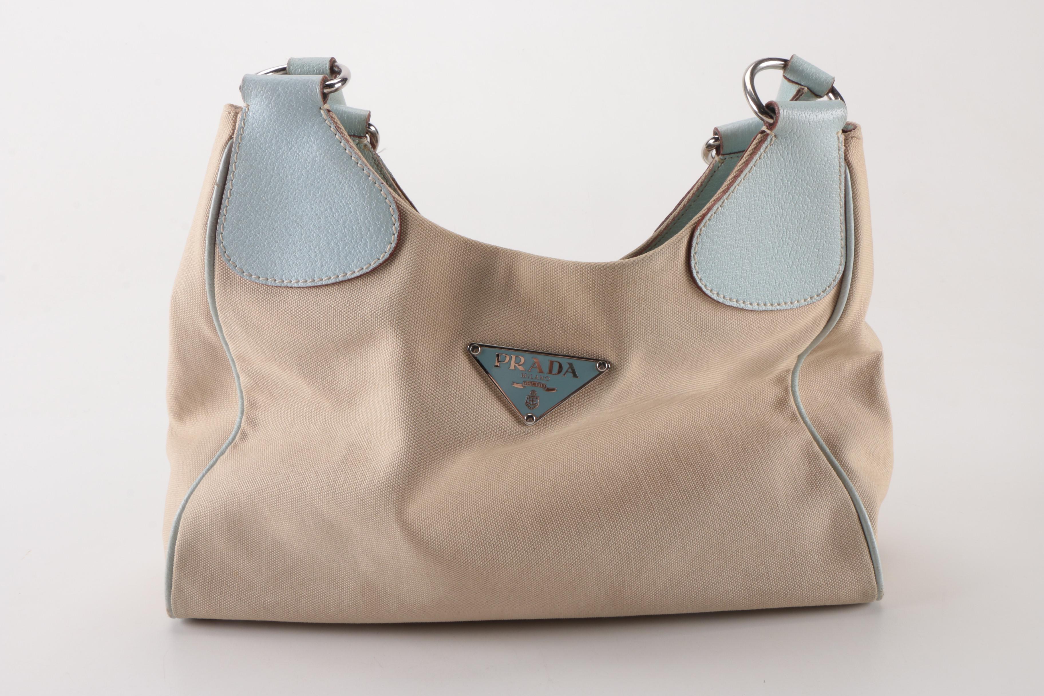 Prada Tan Canvas and and Gray Leather Shoulder Tote