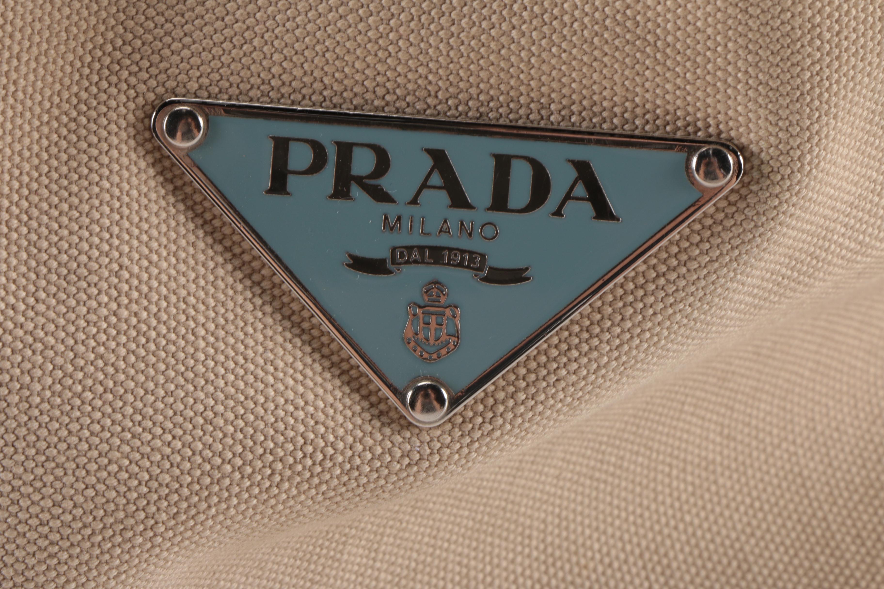 Prada Tan Canvas and and Gray Leather Shoulder Tote