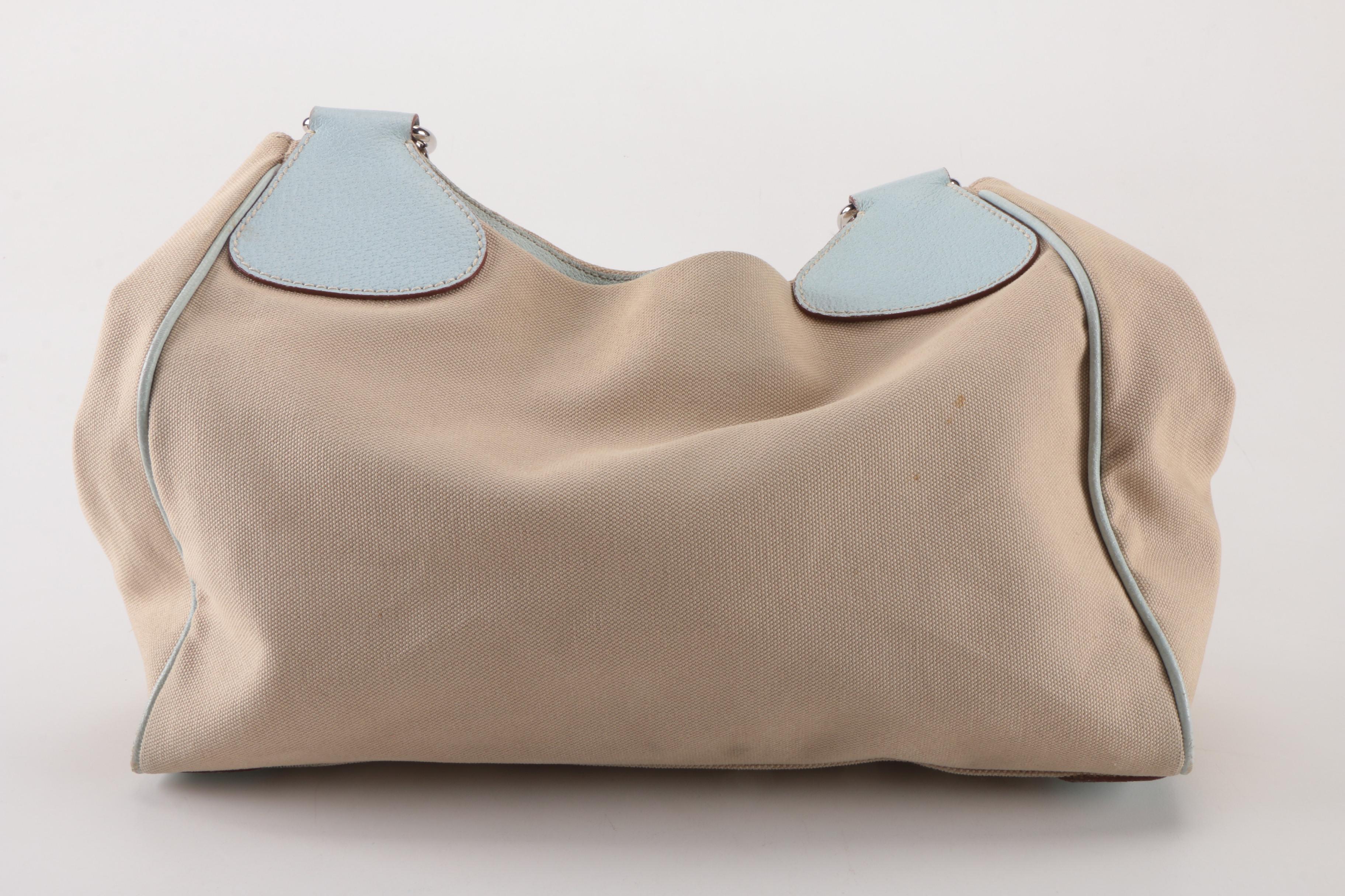 Prada Tan Canvas and and Gray Leather Shoulder Tote