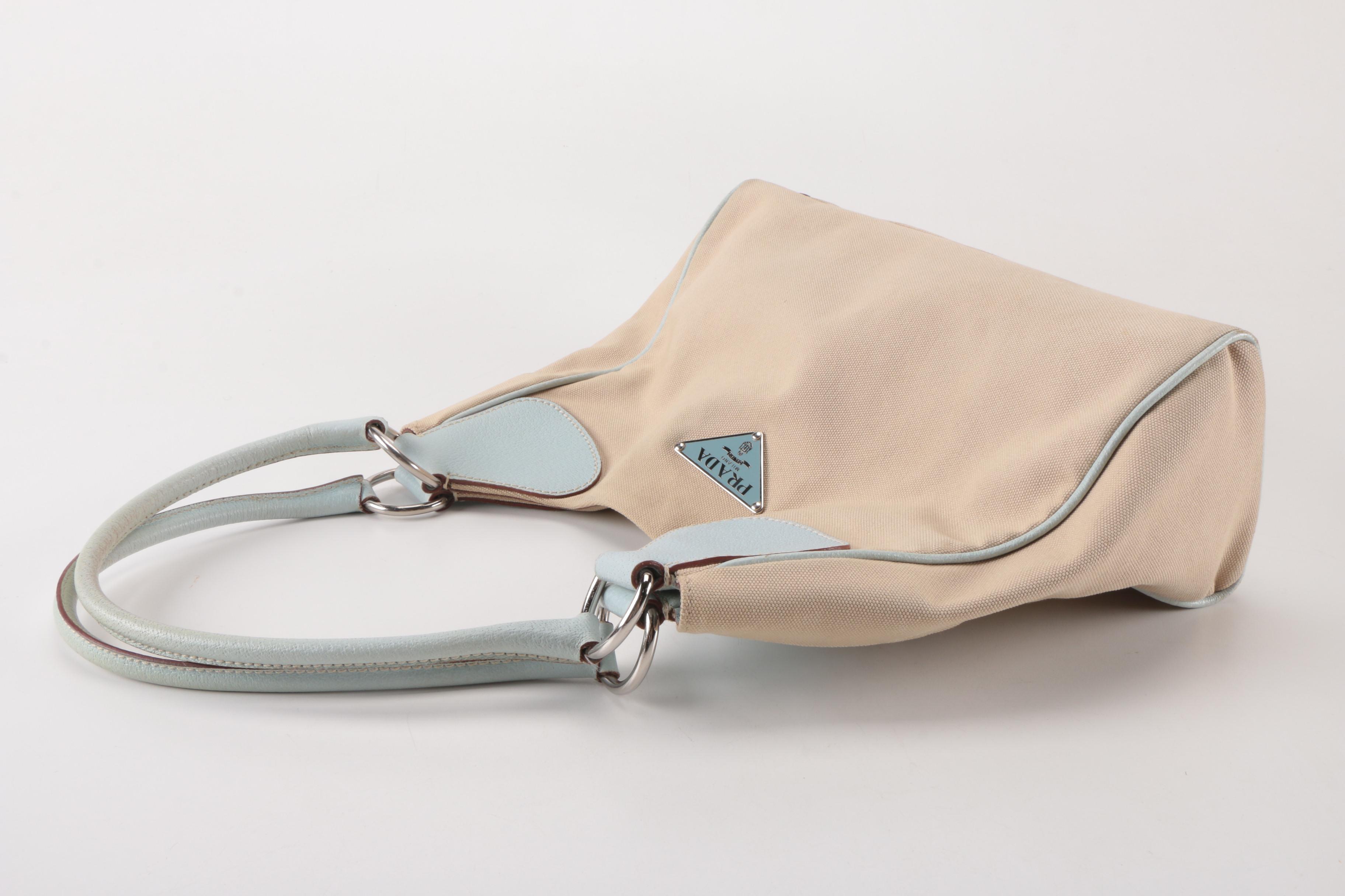 Prada Tan Canvas and and Gray Leather Shoulder Tote