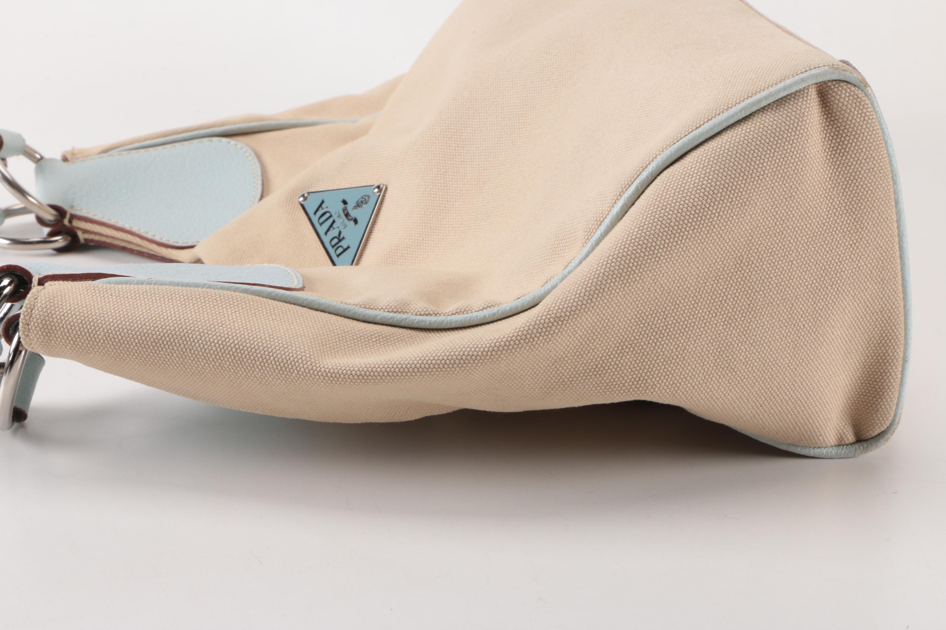 Prada Tan Canvas and and Gray Leather Shoulder Tote