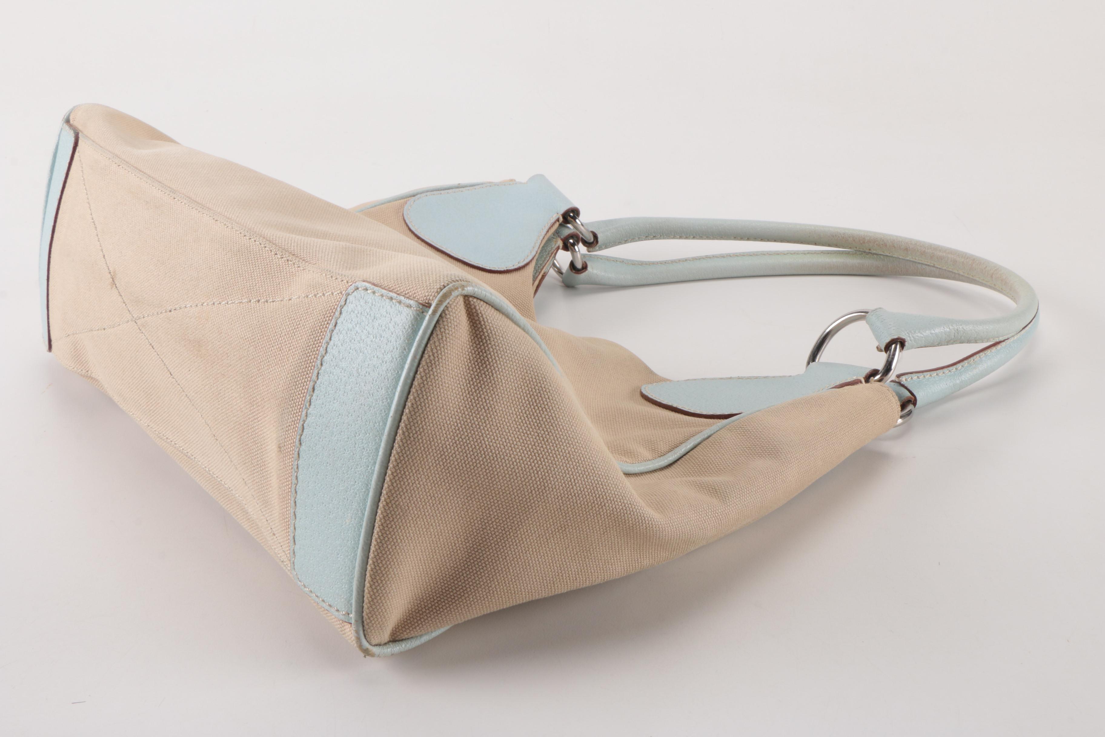 Prada Tan Canvas and and Gray Leather Shoulder Tote