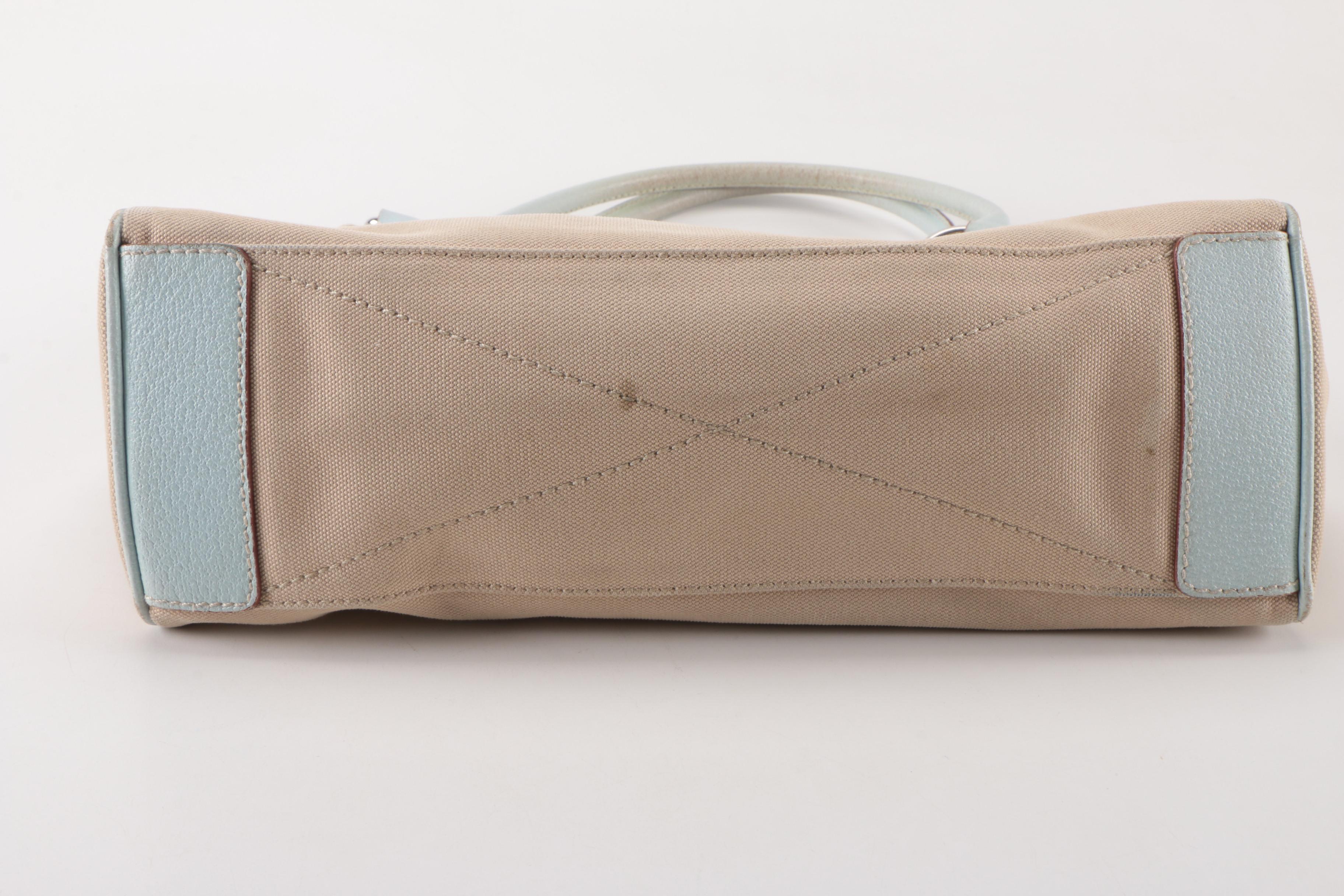 Prada Tan Canvas and and Gray Leather Shoulder Tote