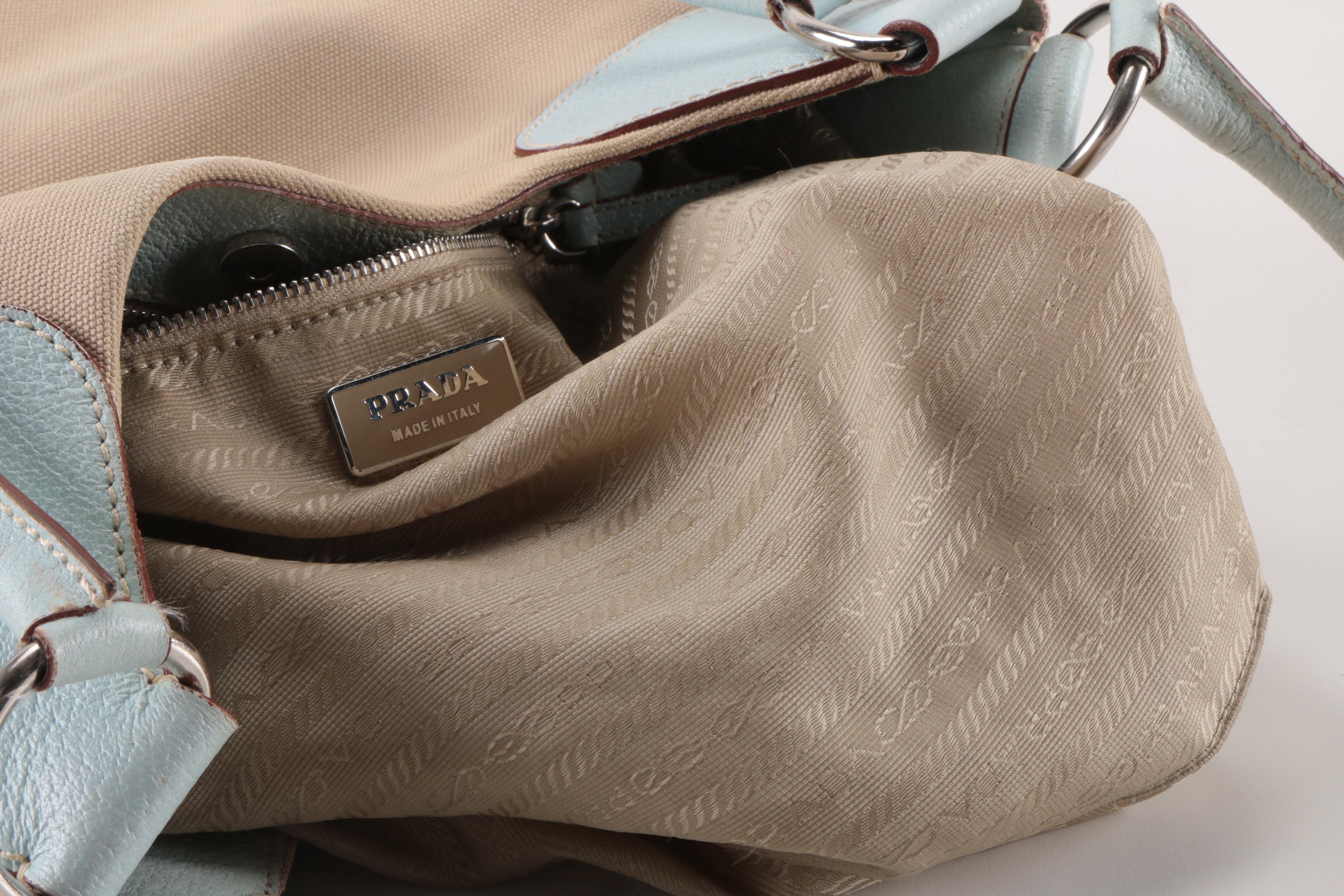 Prada Tan Canvas and and Gray Leather Shoulder Tote