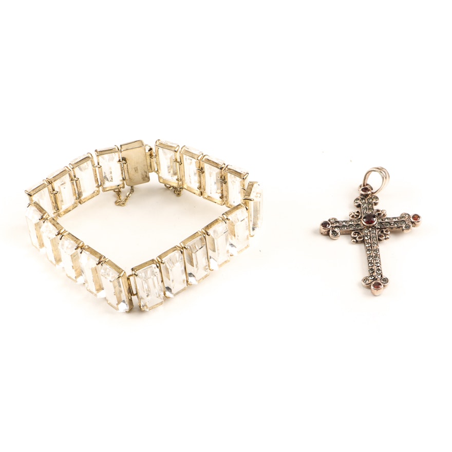 Sterling Silver Quartz Crystal Bracelet and Garnet Cross Pendant