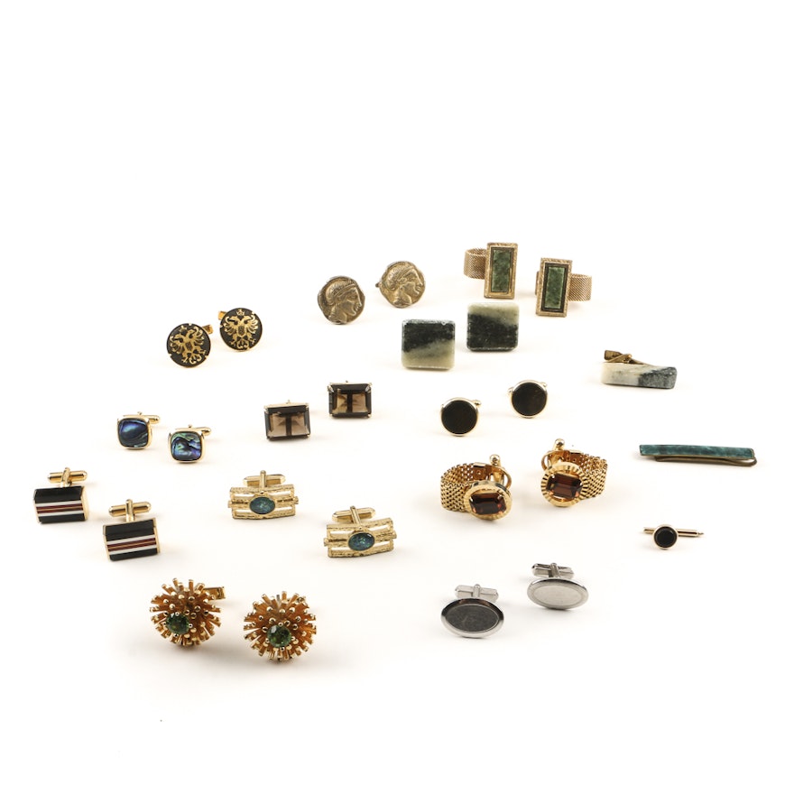 Twelve Pairs of Cufflinks in Gold Tone and Accessories