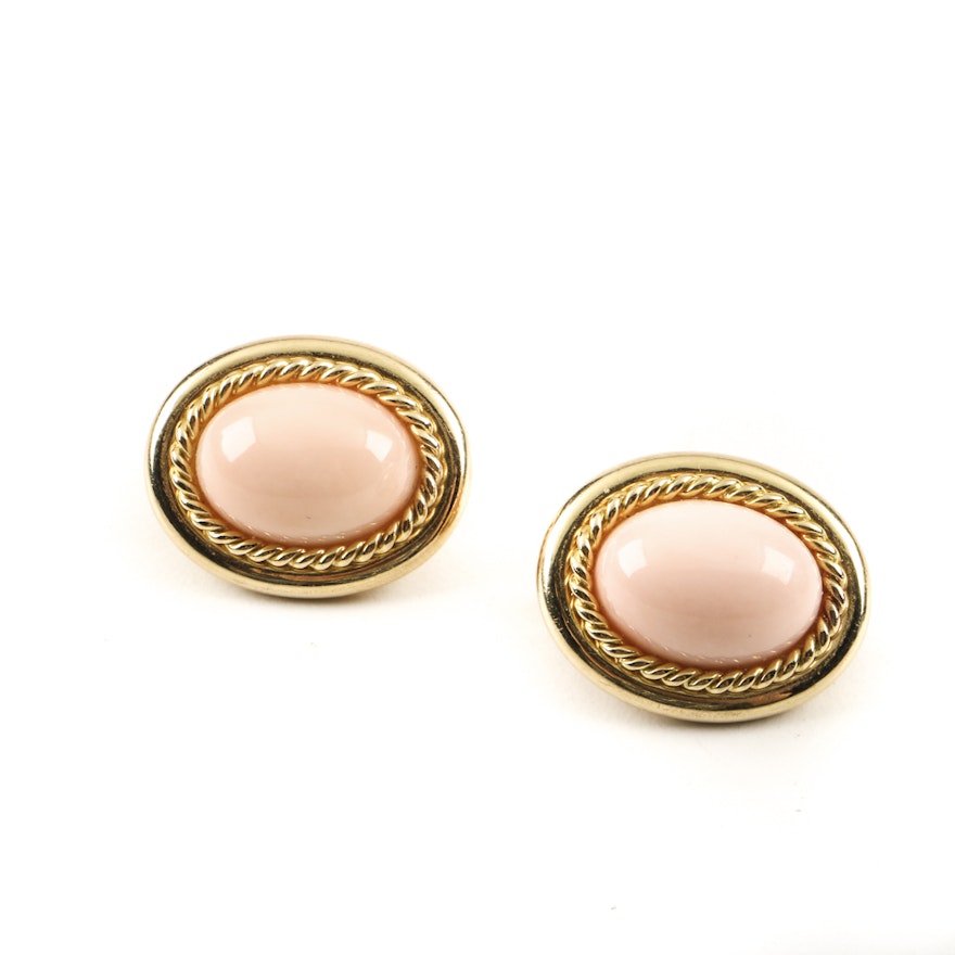 Pale Pink Coral Cabochon Post Earrings 14K Yellow Gold Settings