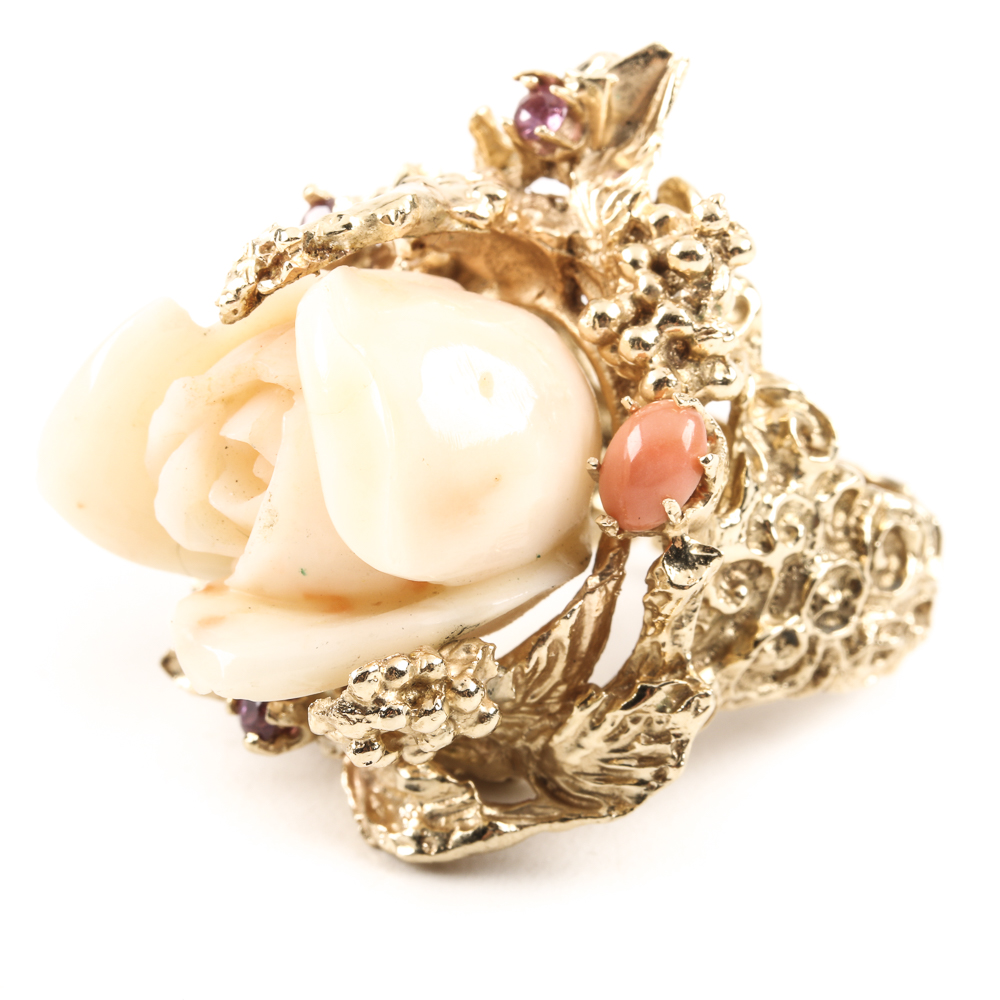 14K Yellow Gold Organic Form Ring with Carved Coral Rose