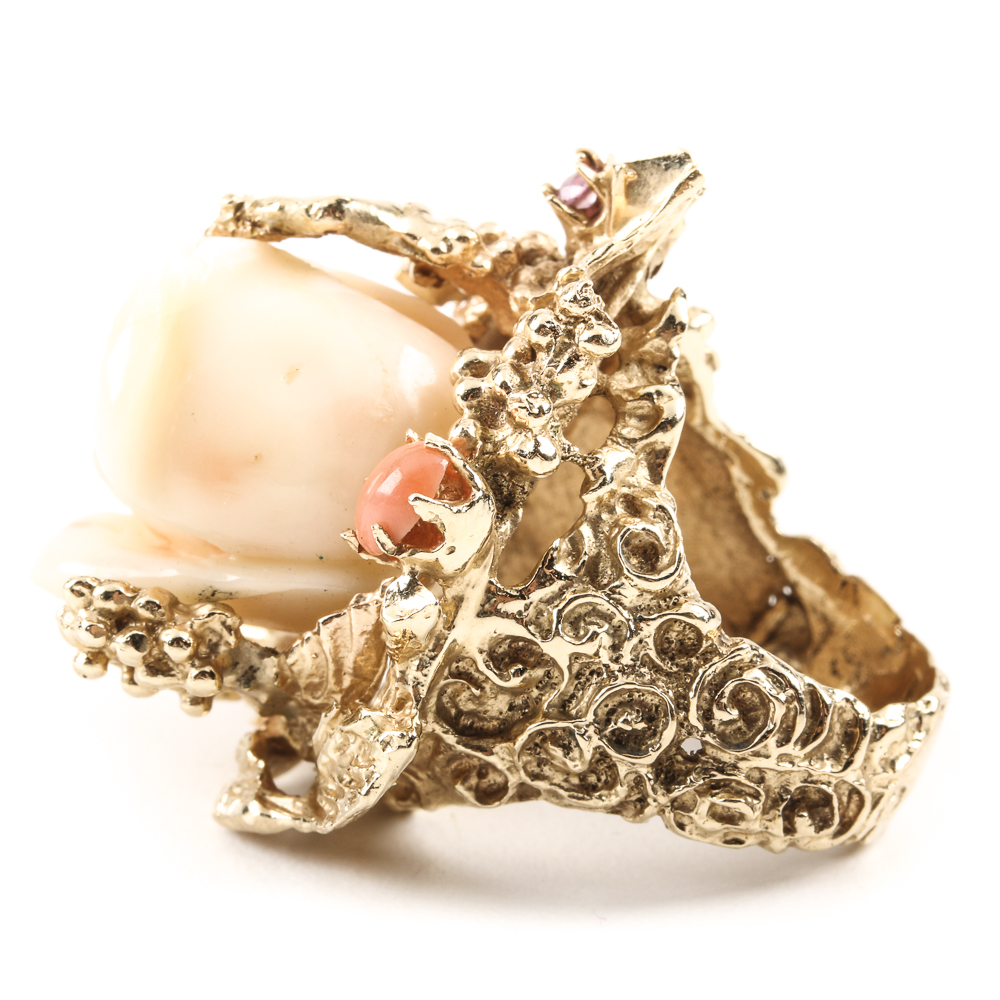 14K Yellow Gold Organic Form Ring with Carved Coral Rose