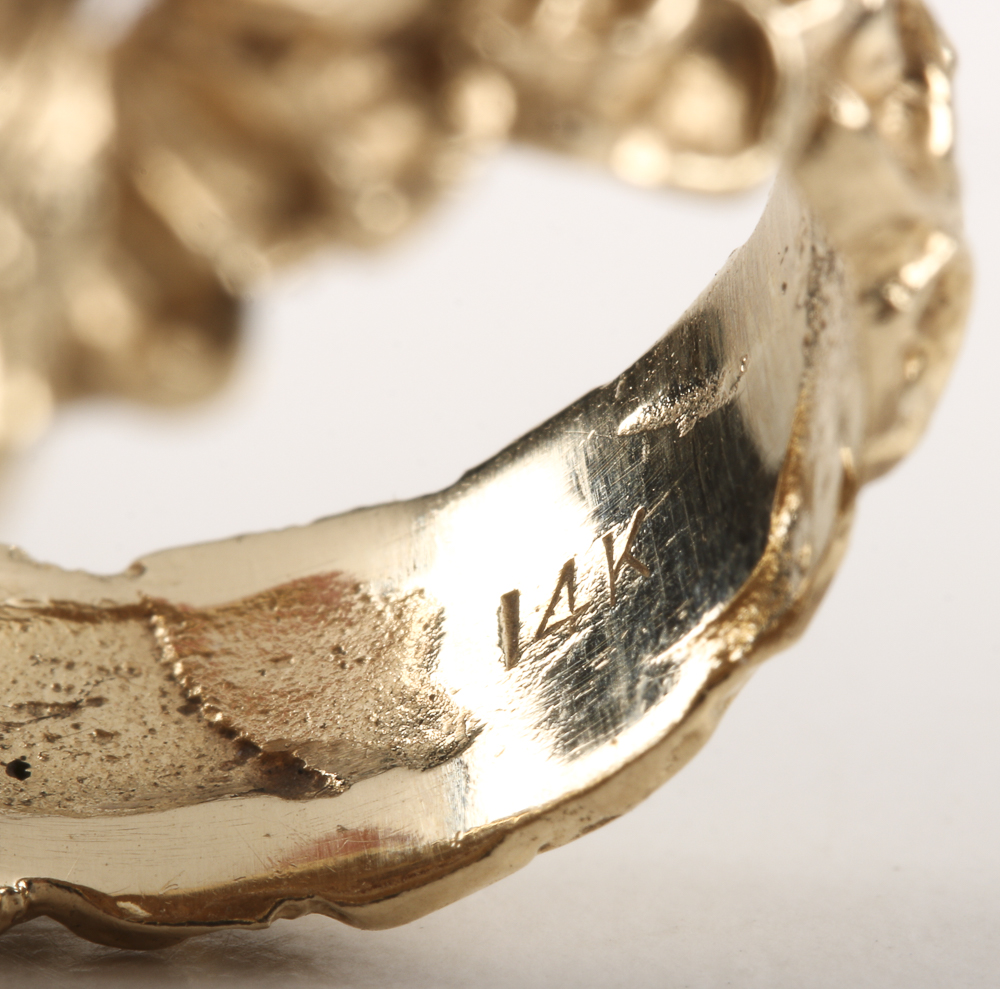 14K Yellow Gold Organic Form Ring with Carved Coral Rose