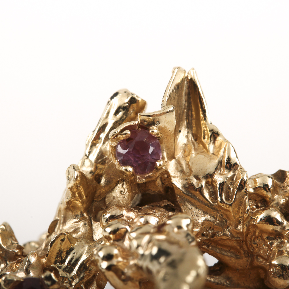 14K Yellow Gold Organic Form Ring with Carved Coral Rose