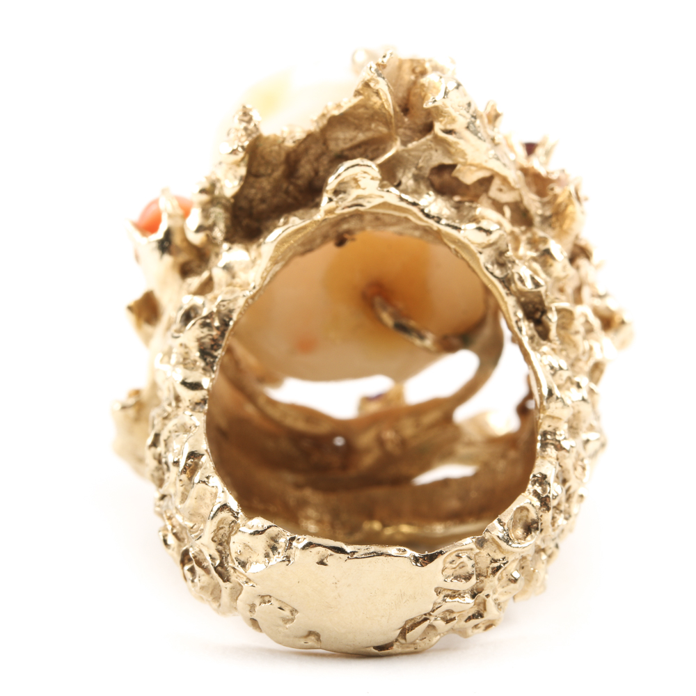 14K Yellow Gold Organic Form Ring with Carved Coral Rose