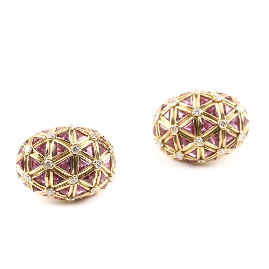 18K Yellow Gold Lattice Earrings with Pink Sapphires and Diamonds