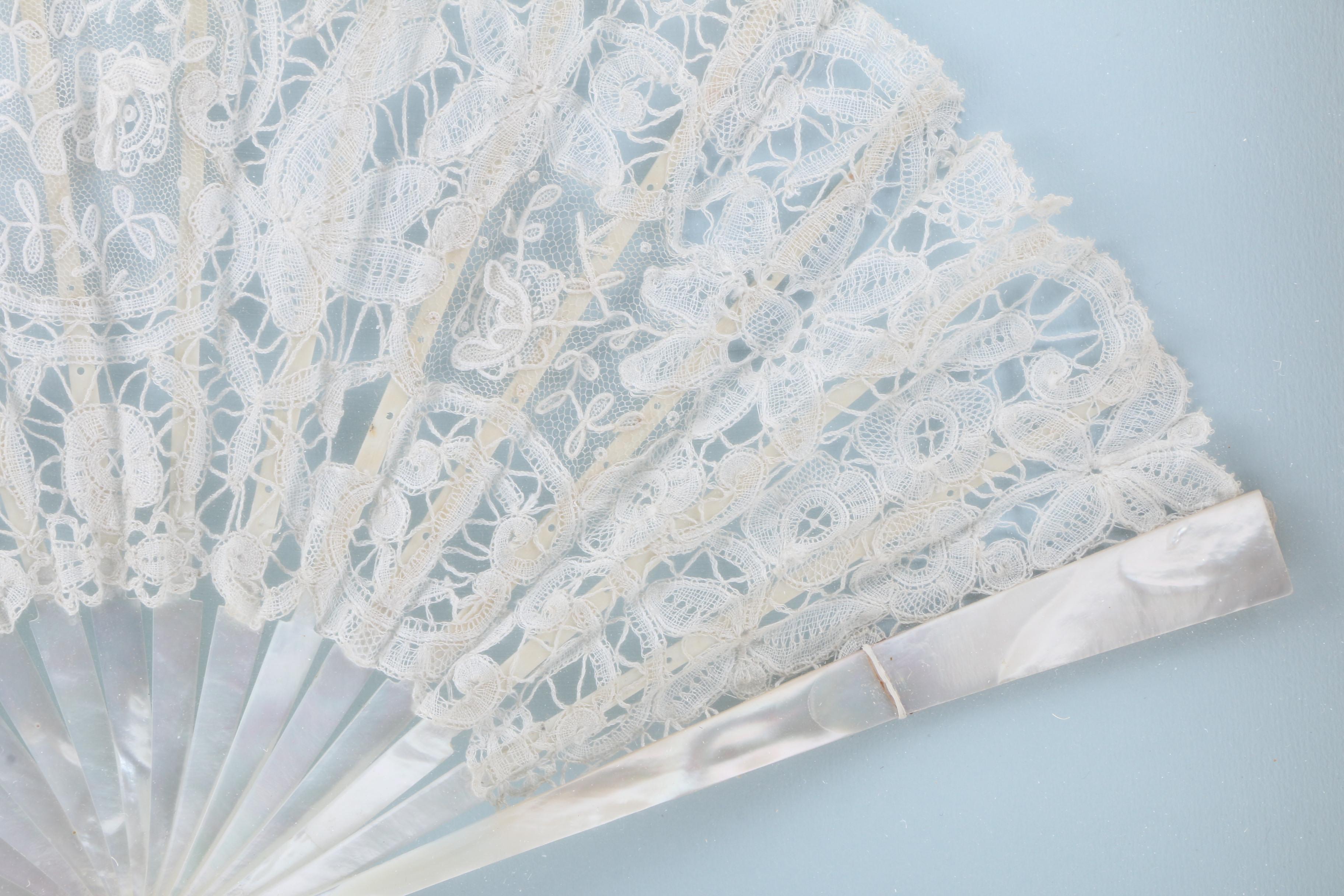 Framed Battenburg Lace and Mother of Pearl Fan