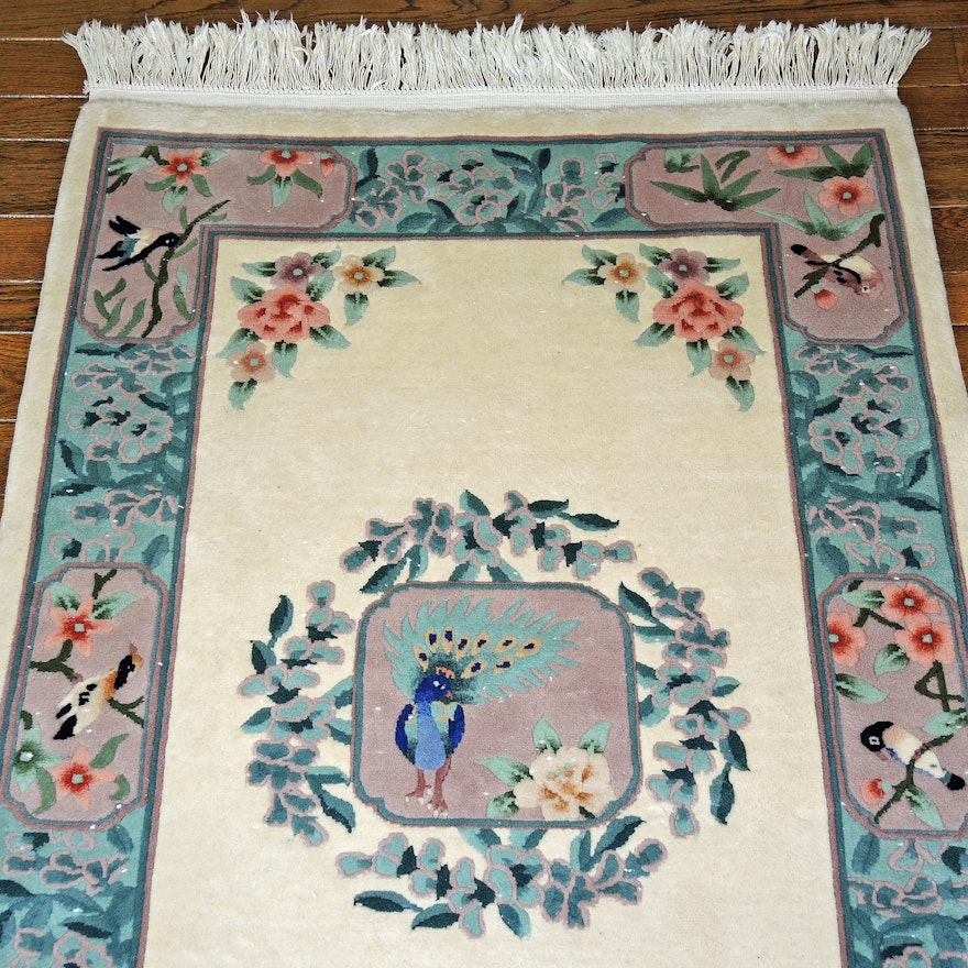 Finely Hand-Knotted Chinese Carved Pictorial Area Rug with Bird Design