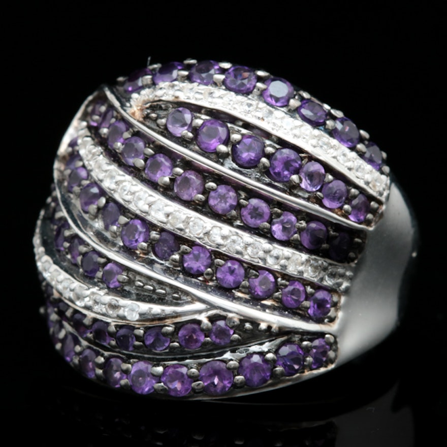 Sterling Silver, Amethyst and White Sapphire Cocktail Ring