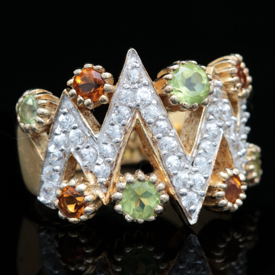 Gold Plate Sterling Silver, Peridot, Citrine and White Sapphire Ring