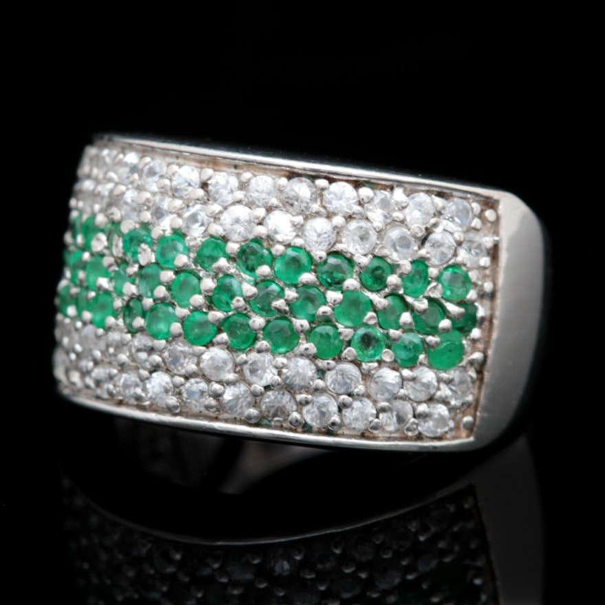 Sterling Silver, Emerald and White Sapphire Ring
