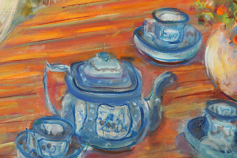 Mary Lou Manning Acrylic Painting on Canvas of Table Set for Tea