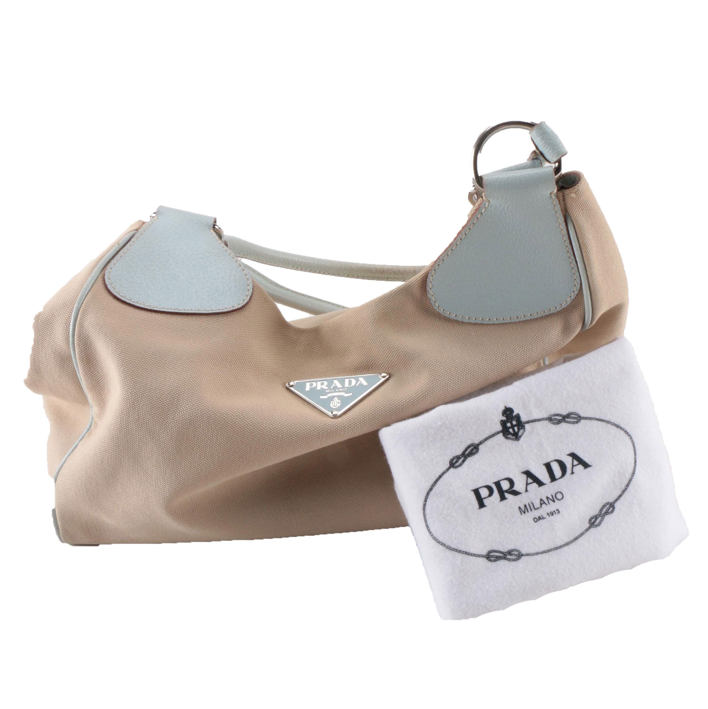 Prada Tan Canvas and and Gray Leather Shoulder Tote