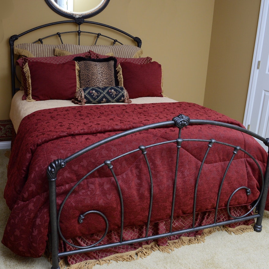 Queen Size Bed Frame and Custom Bedding Ensemble