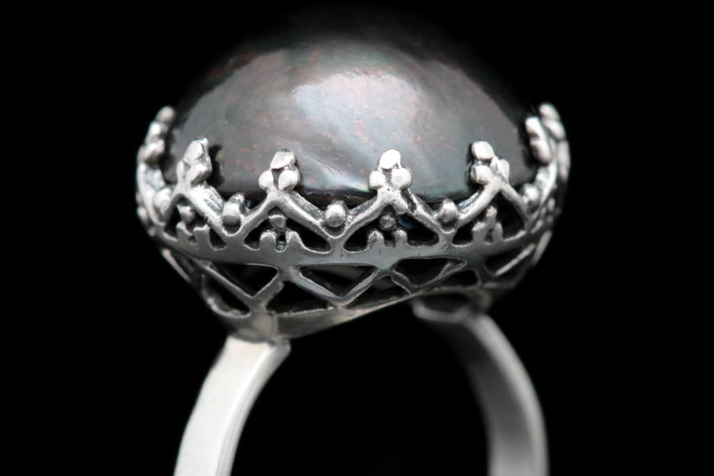Sterling Silver and Imitation Black Pearl Ring
