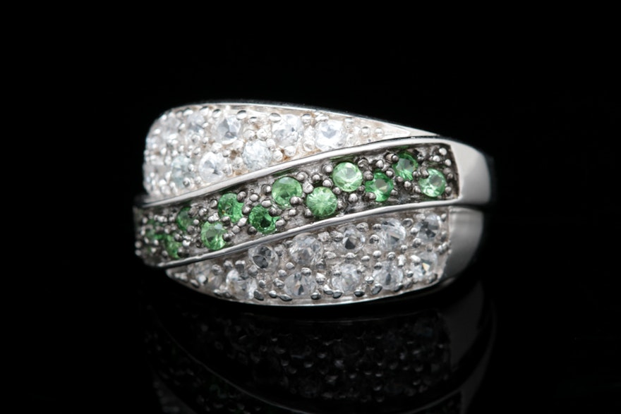 Sterling Silver, Chrome Diopside and White Topaz Ring