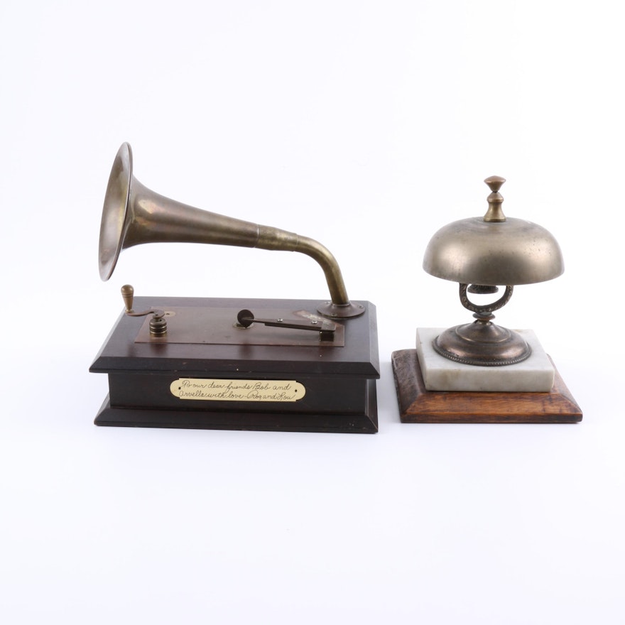 Turntable Shaped Music Box and Brass Bell on Stand