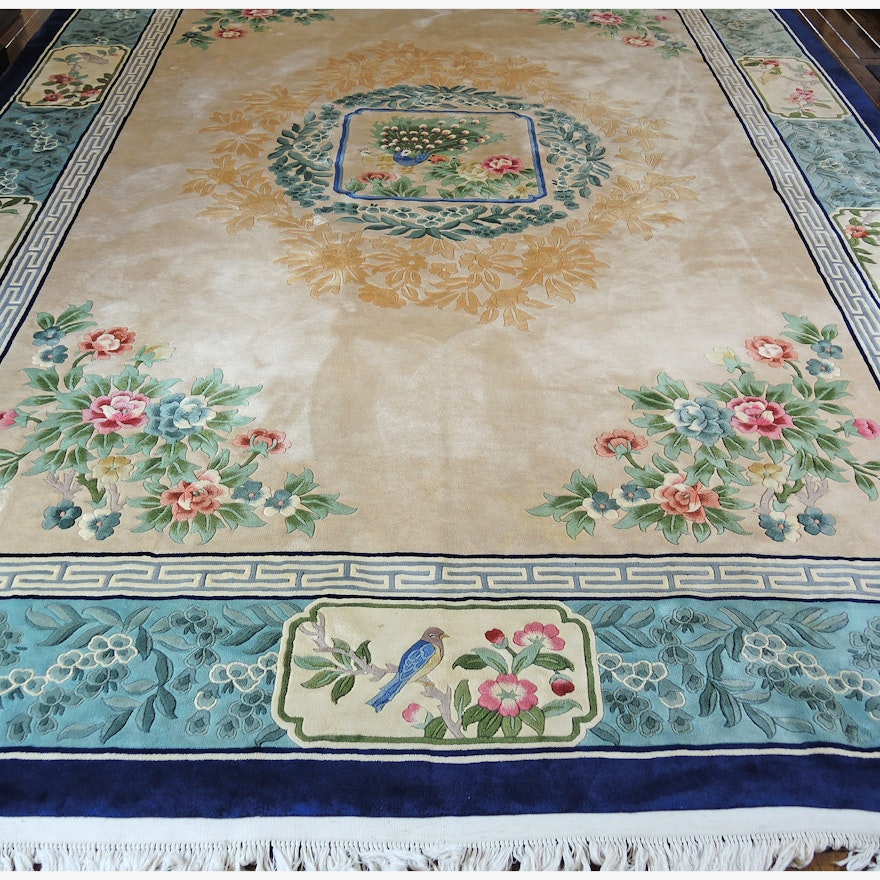 Finely Hand-Knotted Chinese Carved Pictorial Area Rug with Peacock Design