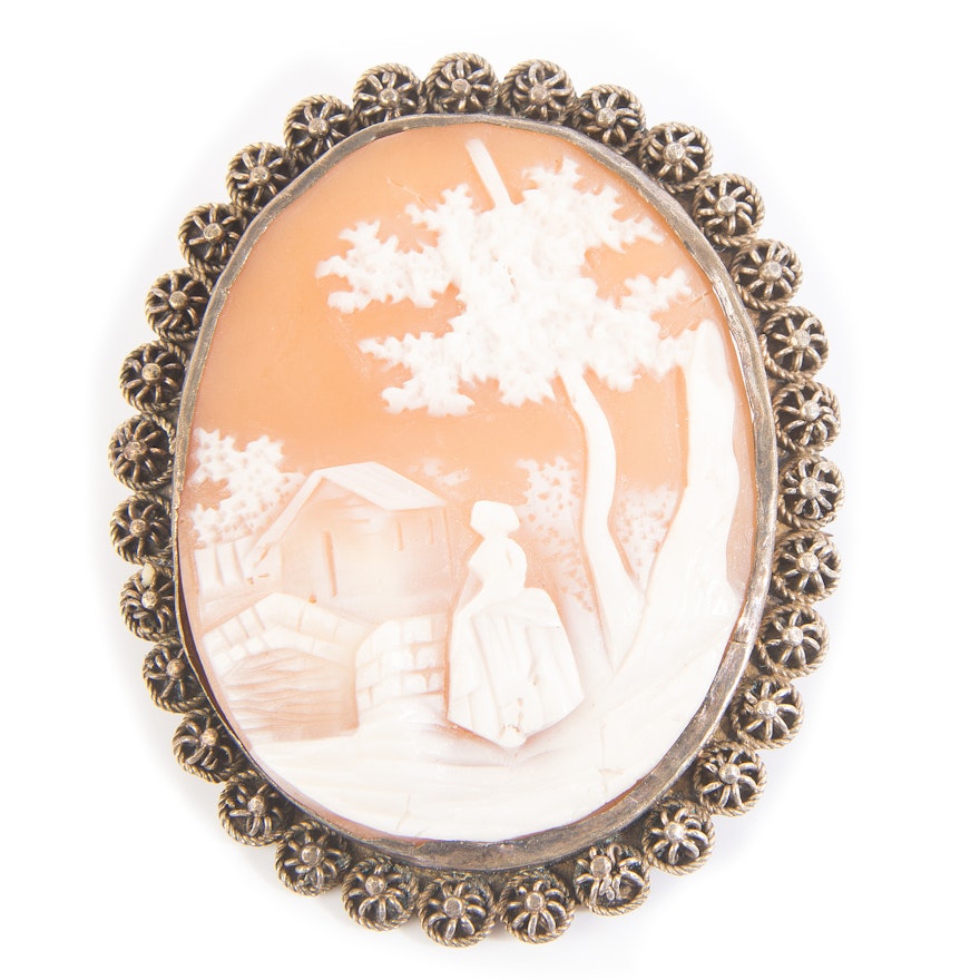 Sterling Silver Carved Shell Cameo Brooch