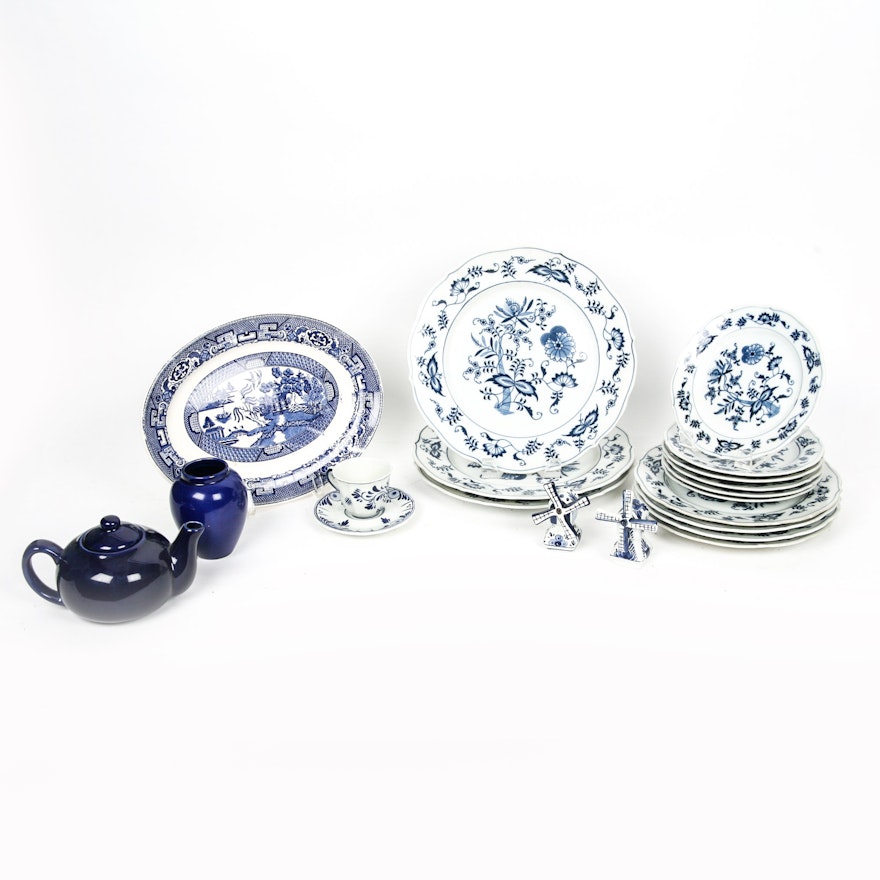 Collection of Blue and White Tableware Including Blue Danube