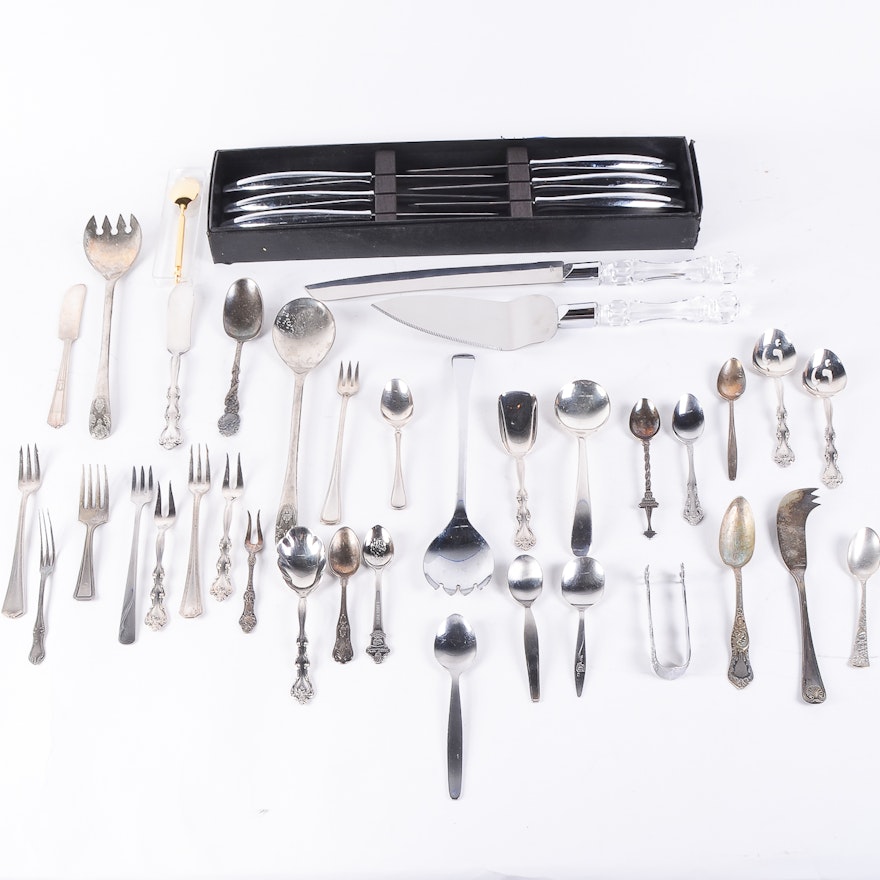Collection of Carvall Hall Stainless Steel Knives and Silver Plated Serving Utensils