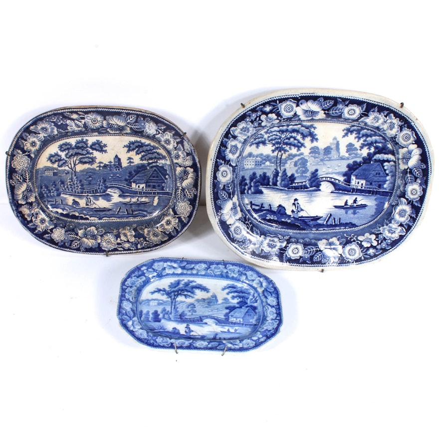 Antique English Blue and White Earthenware Transfer Platters
